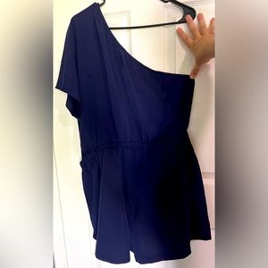 One shoulder blue romper. Shorts. Pockets. Never worn.